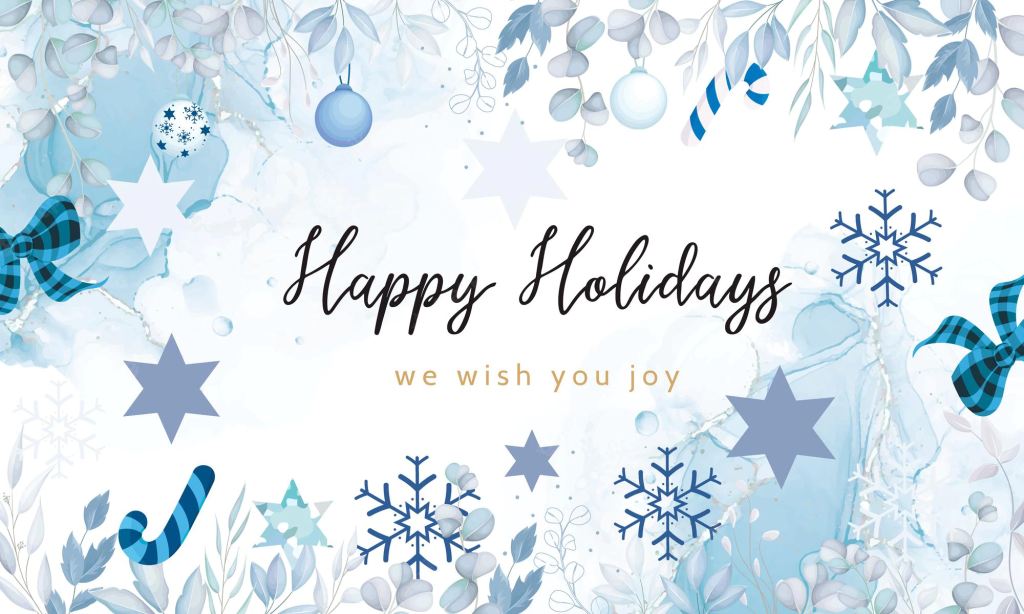Blue accents on a white background, candy canes, bows, ornaments, snowflakes and the words "Happy Holidays we wish you joy". 